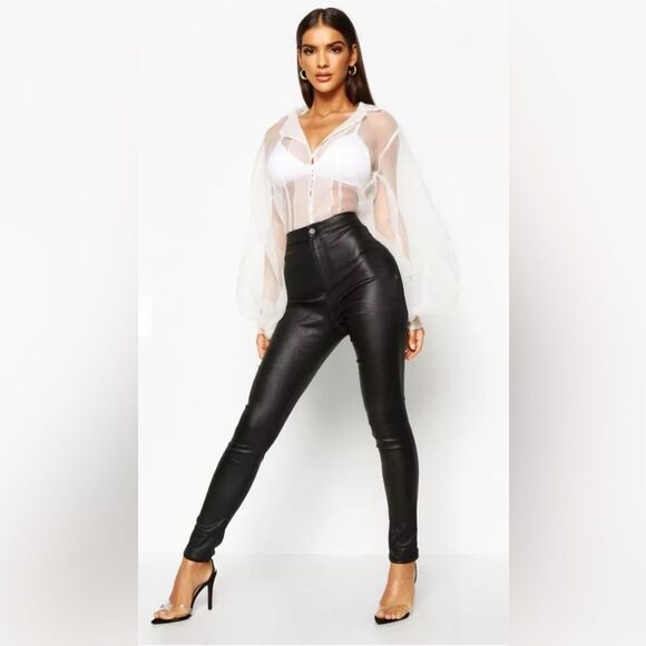 Shinestar sz L Super High Waist Perfect Fit Vegan Leather Black Pants - Picture 1 of 12